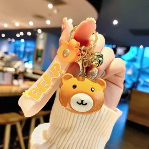 Cute brown bear keychain acrylic charm with bell and letter strap for bags keys.