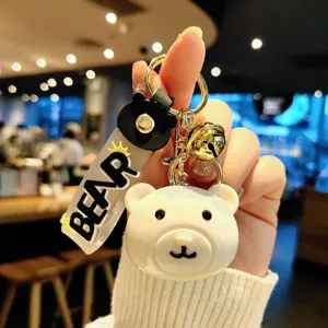 Cute bear keychain acrylic pendant charm with letter strap and gold bell detail