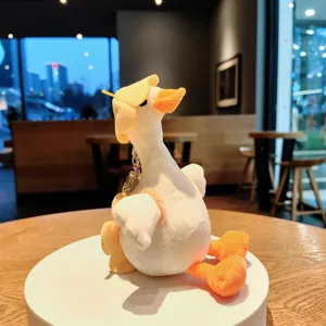 Close-up detail of the cute white goose plush keychain with a tiny yellow hat on display.