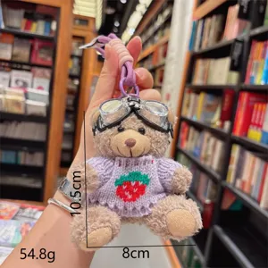 Porte-clés ours en peluche mignon avec lunettes et pull, charm de sac 10.5cm.