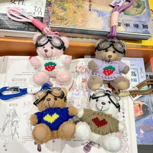 Mignon porte-clés en peluche ours avec lunettes et pull en tricot, beau pendentif de sac.