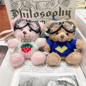Porte-clés en peluche ours mignon avec lunettes et pendentif pull pour sac et voiture.