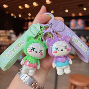 Cute cartoon electroplated bear keychain, colorful strap bag charm, stylish car key ring gift.