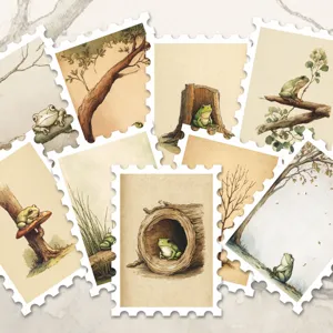 Vintage forest style green frog stamp stickers, watercolor journaling decorative paper crafts.