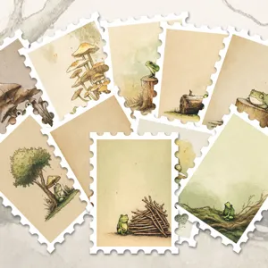Vintage frog mushroom stamp stickers, cute watercolor aesthetic journaling decorative decals.