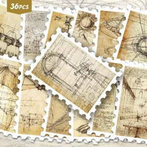 Retro Da Vinci Manuscript Stamp Stickers Aesthetic Scientific Line Art PVC Decals For DIY Journaling Scrapbooking Guka Decor