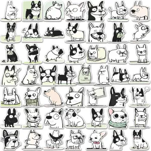 Vue détaillée montrant une grande variété d'autocollants bouledogue français mignons.