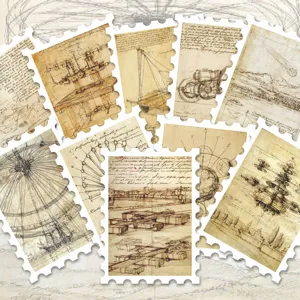 Vintage Da Vinci manuscript stamp stickers for DIY journaling, scrapbooking and craft decoration.