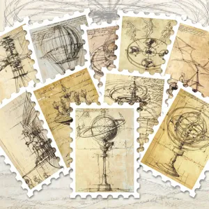 Da Vinci manuscript vintage postage stamp stickers for DIY journal craft decoration stationery supplies