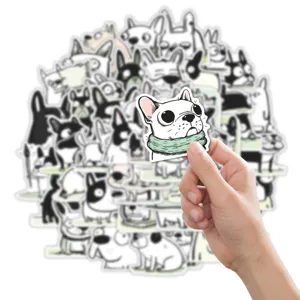 50 Pcs Autocollants Mignons Bouledogue Français Noir Et Blanc Croquis Chien Pour Bricolage