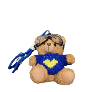Adorable porte-clés en peluche ours avec lunettes de soleil et pull bleu pour sac à main.