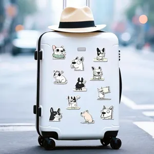 Lot d'autocollants bouledogue français mignons sur valise blanche avec chapeau, parfait déco.
