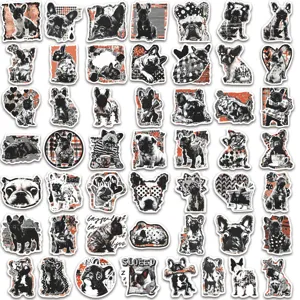50pcs vintage black and white french bulldog stickers for laptop luggage phone DIY.