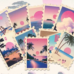 Retro Japanese vaporwave beach stamp stickers aesthetic neon sunset luggage journal decor