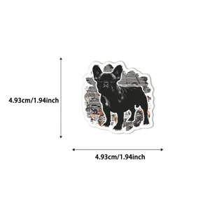 French bulldog sticker detail showing size dimensions, retro plaid pattern and clear cutout edges.