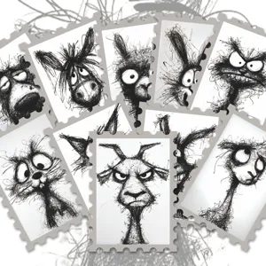 Quirky animal sketch stamp stickers set, funny black and white DIY journal suitcase decals.