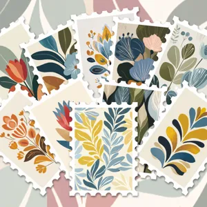 Vintage Morandi floral stamp stickers detail, retro botanical art journal decoration crafts.