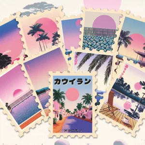 Japanese vaporwave beach stamp stickers, retro neon aesthetic journaling decorative decals.