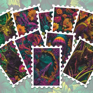 Adesivi francobollo animali piante neon psichedelico, impermeabili per decorazioni DIY.