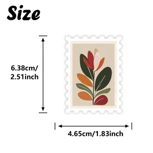 Vintage botanical floral stamp sticker detail size guide showing precise measurements for decor.