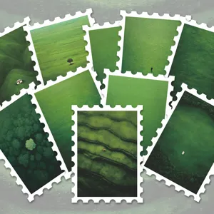 Vista dettagliata adesivi francobollo paesaggio aereo verde natura per decorazione diario.