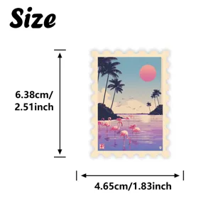 Detailed size specification image of vintage vaporwave flamingo beach stamp sticker for journaling.