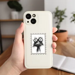 White leather phone case with quirky sketch animal stamp art back cover protection.