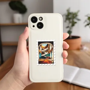 Close-up of a white leather texture phone case featuring a retro Bauhaus architecture stamp sticker.
