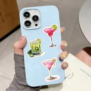 Custodia per cellulare azzurro chiaro con adesivi cocktail ad acquerello creativi.