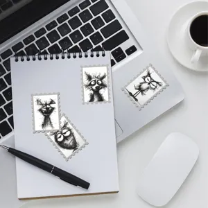 Close-up detail of quirky abstract sketch animal stamp stickers on notebook desk.