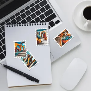 Bauhaus geometric architecture stamp stickers, retro color blocking waterproof DIY journal detail.