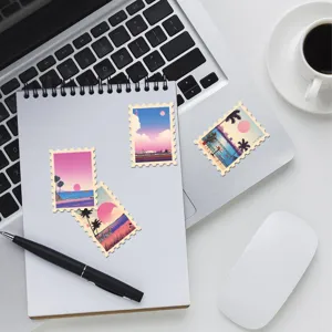 Detailed view of vintage vaporwave beach stamp stickers displayed neatly on a white notebook.