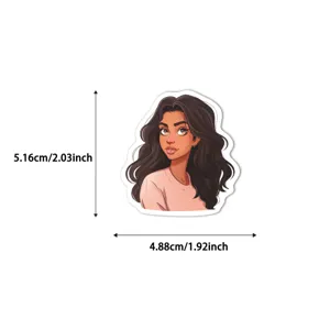 Retro cartoon girl sticker with size detail, vintage cute waterproof journal DIY decor item.