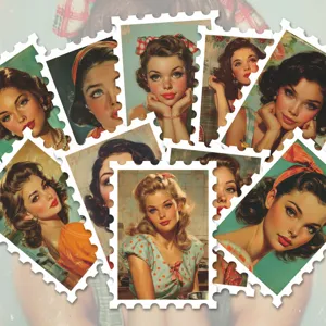 Vintage American pin-up girl stamp stickers, retro DIY journaling decorative art paper decals.