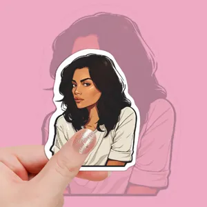 Close-up detail of retro comic girl sticker with glossy waterproof finish for DIY decor.