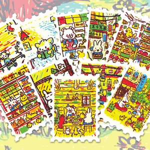 Cute crayon doodle animal stamp stickers, waterproof decorative DIY decals for journals and crafts.