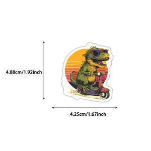 Cool dinosaur sticker detail view showing dimensions, retro T-Rex scooter design for DIY decor.