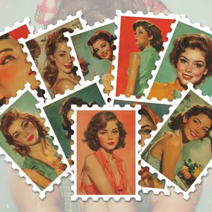 Vintage pin-up girl stamp stickers, retro American poster aesthetic DIY journaling decor.