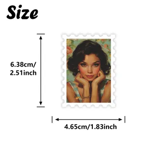 Vintage pin-up girl stamp sticker size chart, 6.38x4.65cm retro DIY journaling decoration.
