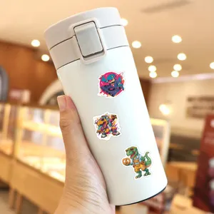 Stainless steel travel mug with trendy cool cartoon dinosaur graffiti stickers for drinks.