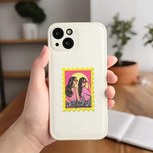 Coque de téléphone portable en cuir blanc avec autocollant rétro pop-art timbre fille.
