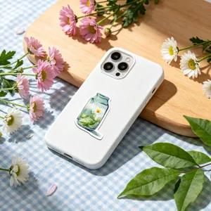 Funda de teléfono blanca con pegatina de tarro de margaritas, diseño floral fresco.
