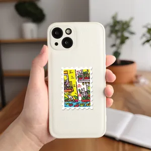 Detailed view of cute hand-drawn crayon animal stamp sticker on phone case, waterproof decor.