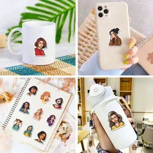 Detailed display of retro comic girl aesthetic stickers used on various lifestyle items.