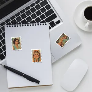 Vintage pin-up girl stamp stickers, retro art aesthetic decals for DIY journaling and decoration.