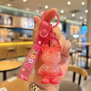 Gradient pink acrylic cute cat keychain trendy cartoon bag charm accessory for gifts.