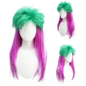 Close-up view of the two-tone green and purple tinsel party wig showing texture details.