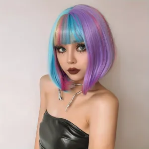 Colorful short bob wig with bangs, irregular mixed color synthetic hair for women costume party.