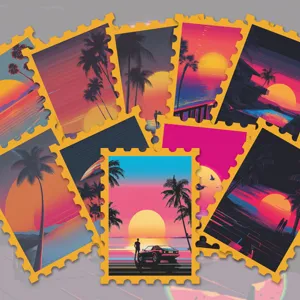 Adesivi per francobolli con tramonto synthwave, stile retrò estetico sticker.