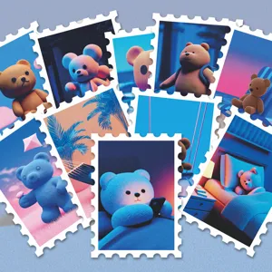 Primer plano detallado de pegatinas de sello de oso de peluche vaporwave, impermeables.